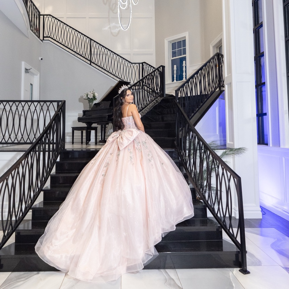 Elegant Pink Ball Gown with Floral Details